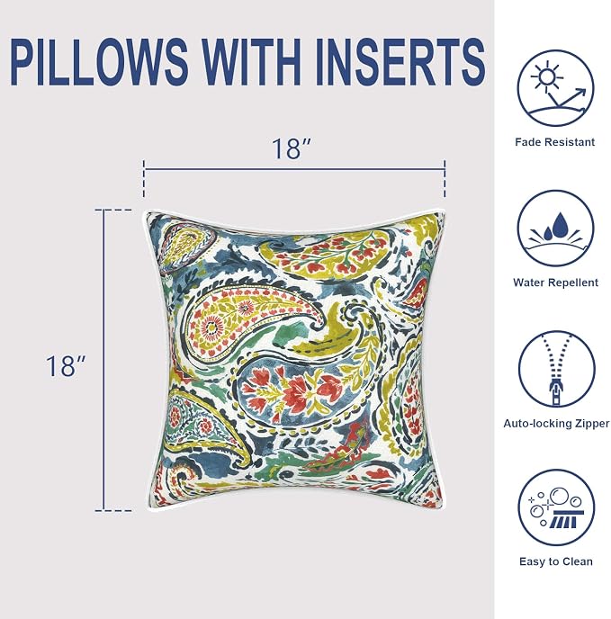 Outdoor Throw Pillows Inners, Fade Resistant Patio Furniture Square Pillows with Piping Set of 2 for Patio Furniture, 18x18 Inch, Paradise Paisley