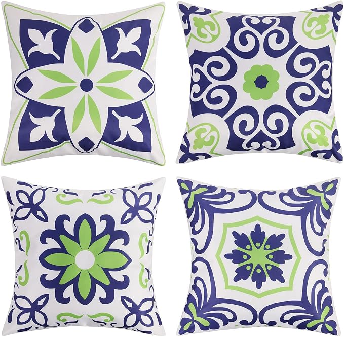 Pyonic Waterproof Outdoor Pillow Covers 20x20 inch | Floral Printed Farmhouse Boho Outdoor Decorative Pillowcase for Patio Funiture Garden, Navy Blue and Green