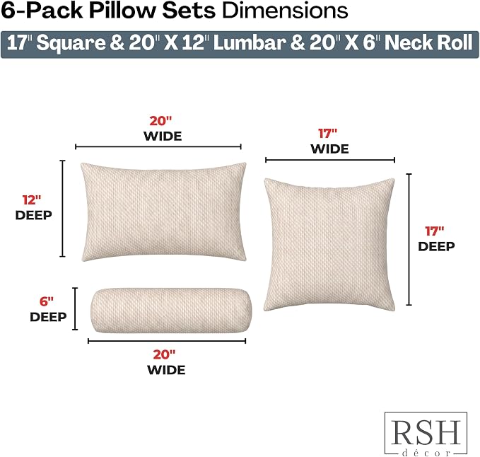 RSH DECOR: 6-Pack Pillow Set | Sunbrella Performance Fabric |Water & Fade-Resistant| 17" Square, 20"x12" Lumbar, 20"x6" Neck Roll | Outdoor Pillows for Patio | Made in USA (Cozy Quilt Bright White)