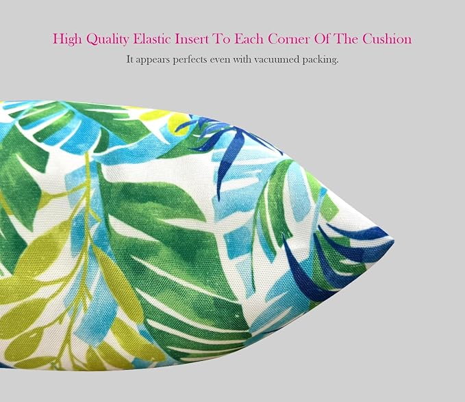 Pack of 2 Outdoor Waterproof Decorative Throw Pillows with Inserts for Patio Furniture, 18x18 Inch Square Fade Resistant Patio Garden Cushions for Couch Bed Sofa, Leaves Blue and Green