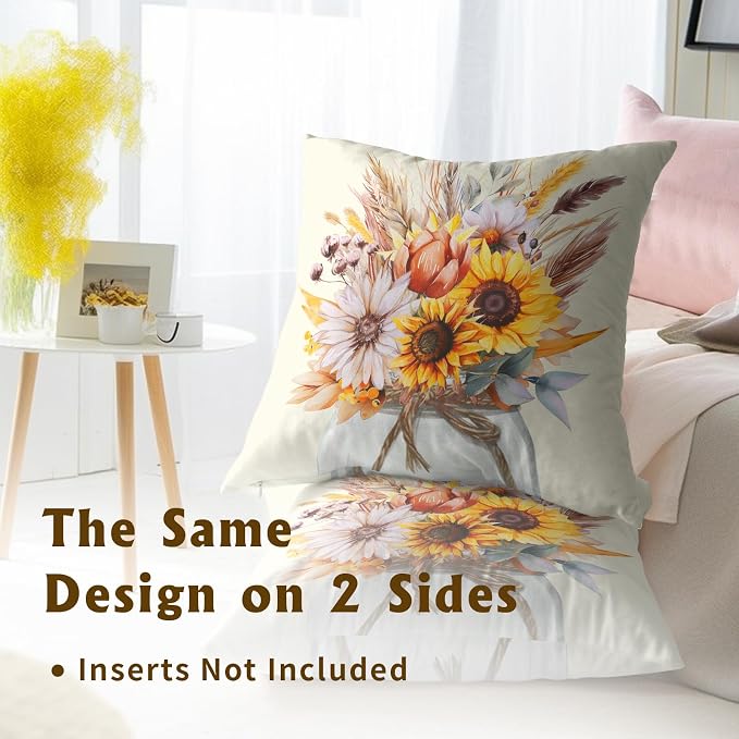 Fall Throw Pillow Covers 22x22 Inch Set of 2, Rustic Yellow Sunflower Autumn Harvest Farmhouse Pillowcase Cotton Linen Cushion Cover Decor for Sofa Couch Living Room Outdoor