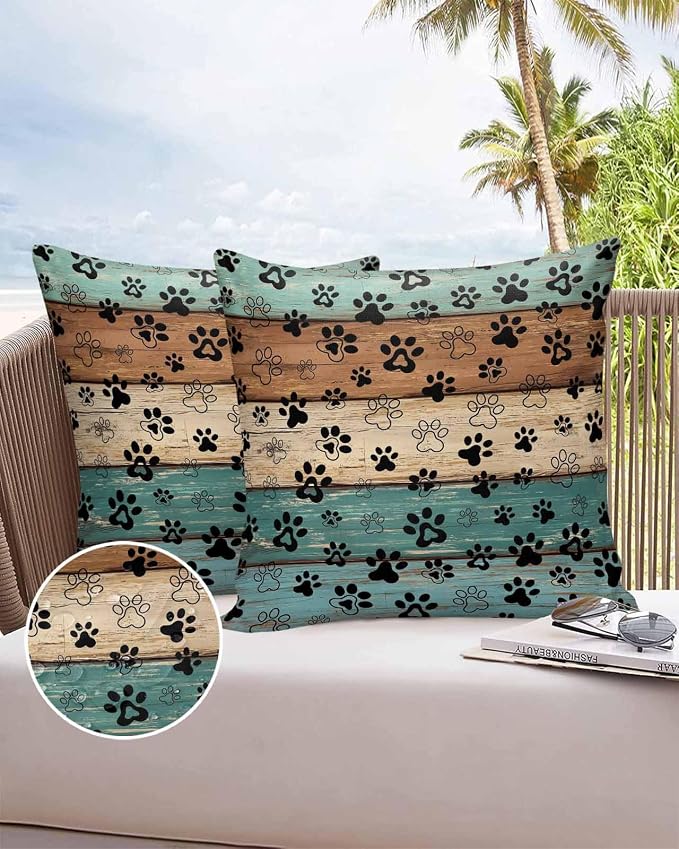 Outdoor Waterproof Throw Pillow Covers Set of 2 Dog Paw Pillowcases 18x18 Inches Pets Print Teal Brown Wood Grain Decorative Pillows Cushion Case Patio Pillows for Couch Bed Chair Garden