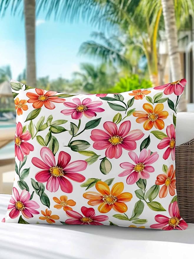 Outdoor Waterproof Throw Pillows Spring Watercolor Wild Flower Patio Pillows,Decorative Pillow Covers with Insert,Pillow Cushion Case for Garden Couch Sofa Country Small Pink Flower