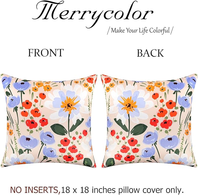Merrycolor Waterproof Floral Pillow Covers 18x18 Inch Set of 2 Summer Accent Cushions Outdoor Decorative Square Couch Cushion Cases for Patio Garden Beach Sofa