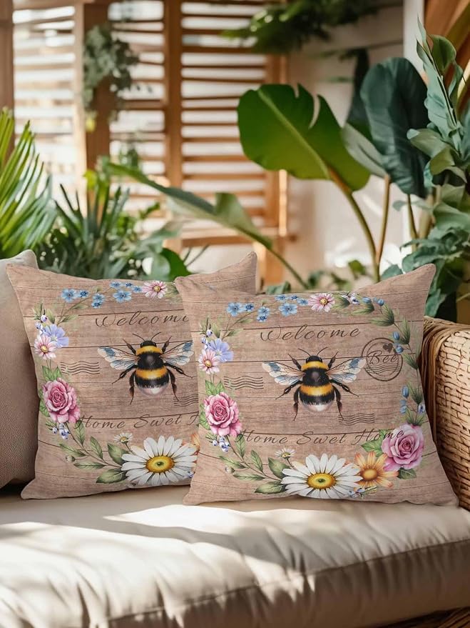 Outdoor Waterproof Throw Pillows Farmhouse Bee Flower Wreath Patio Pillows Pack of 2,Decorative Pillow Covers with Insert,Pillow Cushion Case for Garden Couch Sofa Farm Retro Wood Board