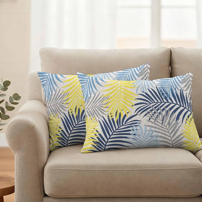 Outdoor Waterproof Throw Pillow Covers, Blue Yellow Grey Palm Leaves Decorative Pillow Cases, Summer Botanical Tropical Leaf Couch Pillow Protector Patio Sofa Cushion Covers Replacement 20"x12" 2 Pack
