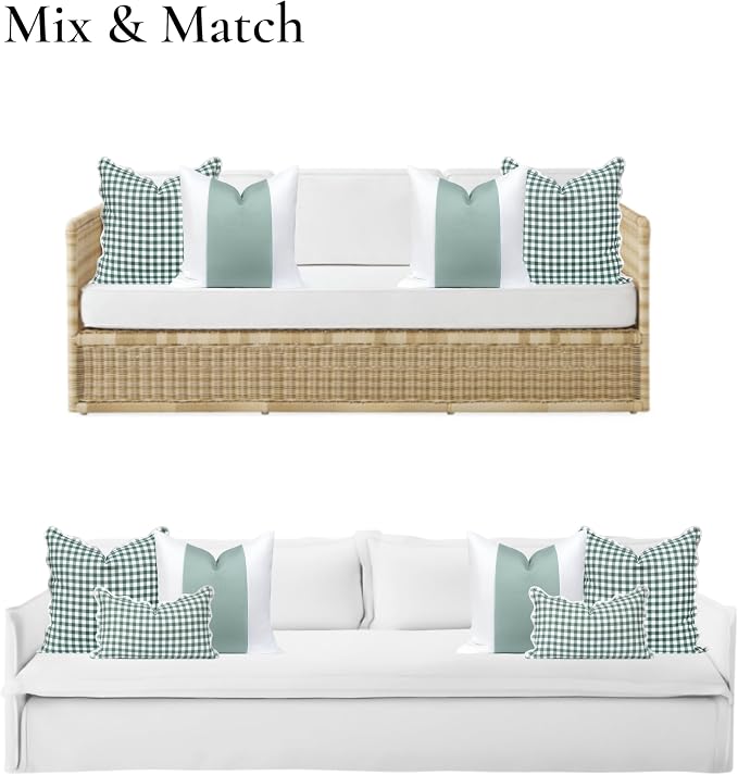 Hofdeco Premium Coastal Grandmillennial Patio Indoor Outdoor Throw Pillow Cover Only, 20"x20" Water Repellent for Backyard, Couch, Poolside, Celadon Green Print Color Block