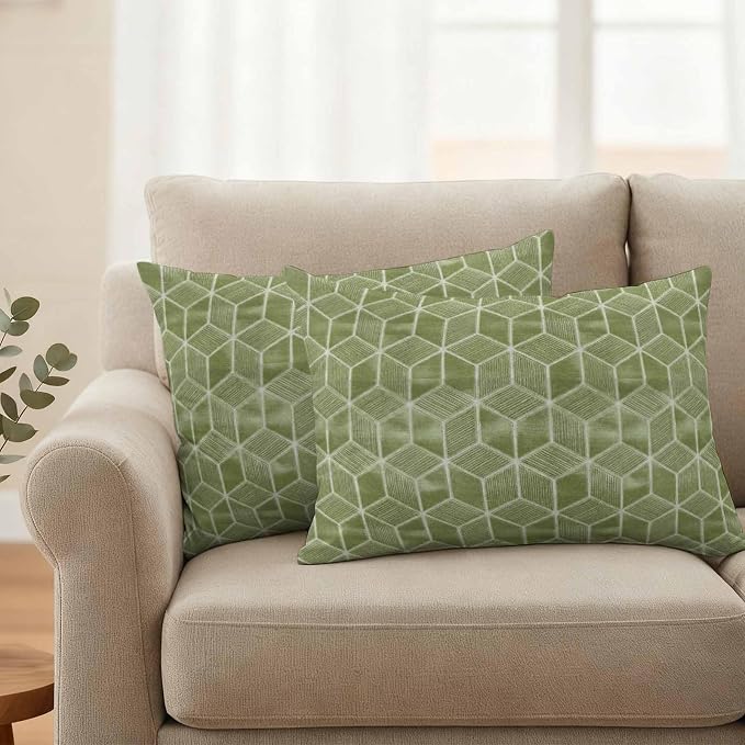 Green Honeycomb Tiling Waterproof Outdoor Pillow Covers Set of 2 Home Decor, Wooden Grain Blocks Lumbar Pillowcase Patio Pillow Covers for Couch Bench Patio Furniture Garden 20x12in