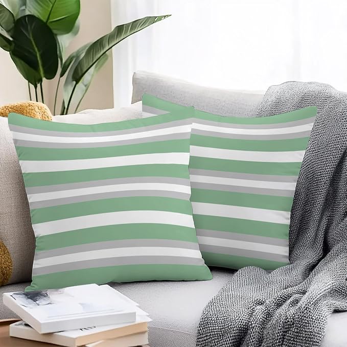 Green Grey Stripe Outdoor Pillow Covers Waterproof, All Weather Cushion Case Set of 2, Minimalist Farmhouse Striped Decorative Pillowcases for Sofa Couch Bed Decor Patio Furniture 16"x16"