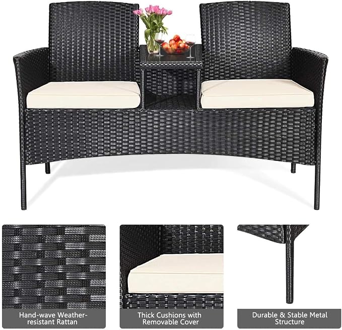 HAPPYGRILL Rattan Wicker Loveseat with Coffee Table Outdoor Patio Loveseat Conversation Sofa Furniture with Cushions for Garden Lawn Backyard Porch
