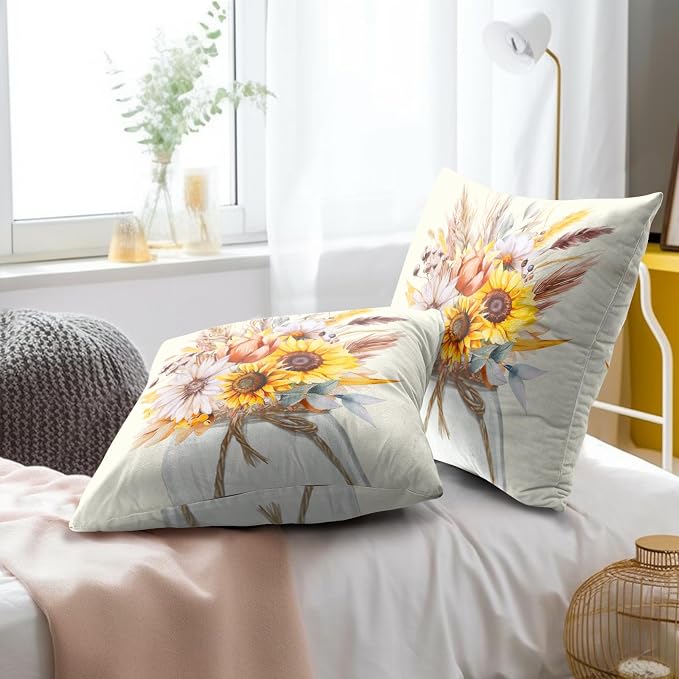 Fall Throw Pillow Covers 22x22 Inch Set of 2, Rustic Yellow Sunflower Autumn Harvest Farmhouse Pillowcase Cotton Linen Cushion Cover Decor for Sofa Couch Living Room Outdoor