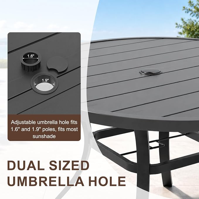Patio Dining Table for 4,Steel Slatted Round Outdoor Table with Adjustable Umbrella Hole,41",Black