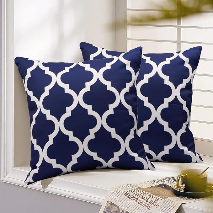 Pack of 2 Outdoor Waterproof Throw Pillow Covers 16x16 Navy Blue and White Throw Pillow Covers Outdoor Pillows Covers for Patio Furniture Garden Balcony Sunbrella Outside(No Pillow Insert)