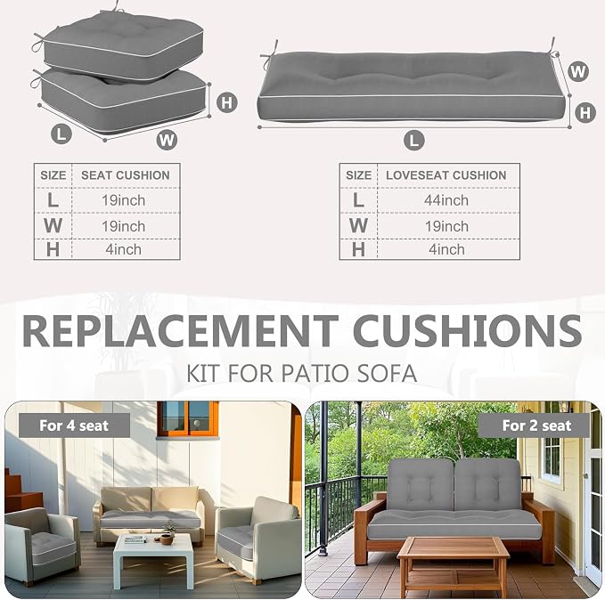 Wenqik 44 x 19 x 4 Inch Outdoor Bench Cushion Set of 3 Waterproof Tufted 1 Patio Loveseat Cushions and 2 Square Chair Seat Pad for Outdoor Furniture Couch Swing Sofa Wicker Settee(Gray)