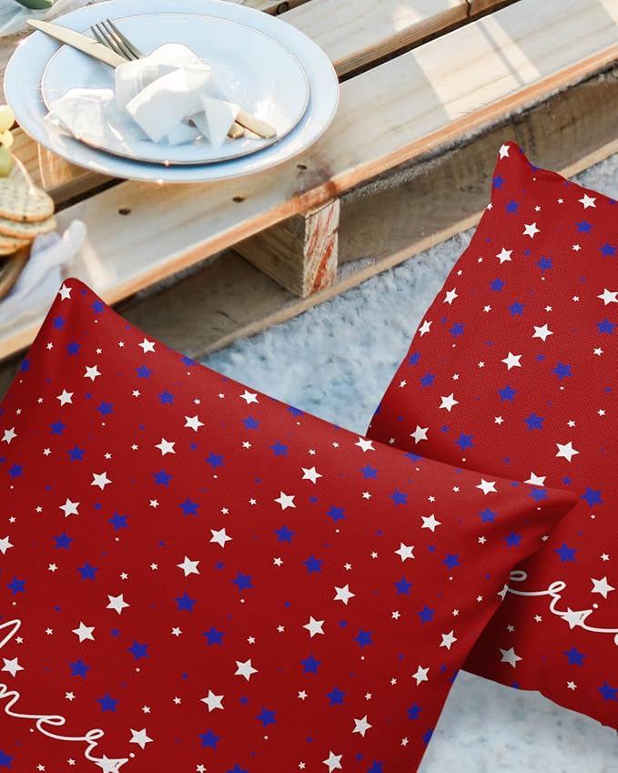 Pentagram Outdoor Pillow Shams Set of 2, Decorative Pillowcases Cushion Case, Soft Throw Pillow Covers Waterproof Pillow Case 24x24 Inch, American Patriotic Stars Red Blue