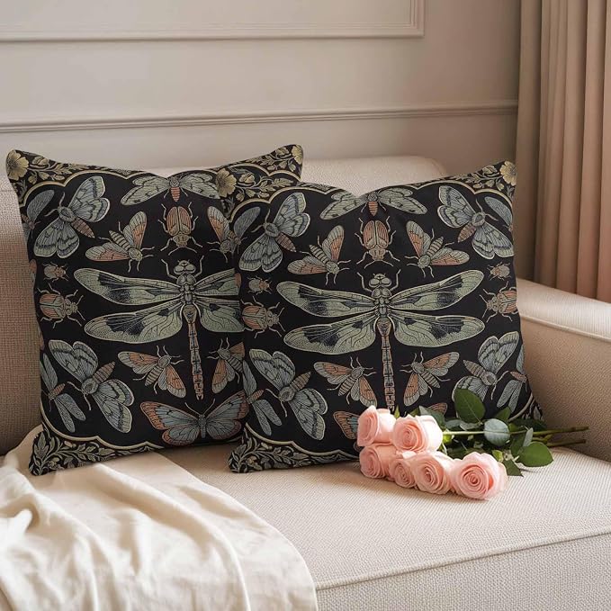 Vintage Dragonfly Outdoor Waterproof Throw Pillow Covers 16 x 16 Inches Set of 2 Butterfly Moth Insects Summer Black Decorative Cushion Cover Pillowcase for Garden Patio Tent Beach Sofa Couch
