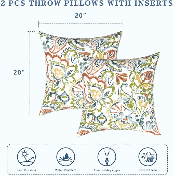 LVTXIII Outdoor Pillows 20x20 Inch, 2 Pack Large Decorative Square Throw Pillows with Inserts for Couch, Bed, Floor Seating, Patio Furniture, Paisley Botanical