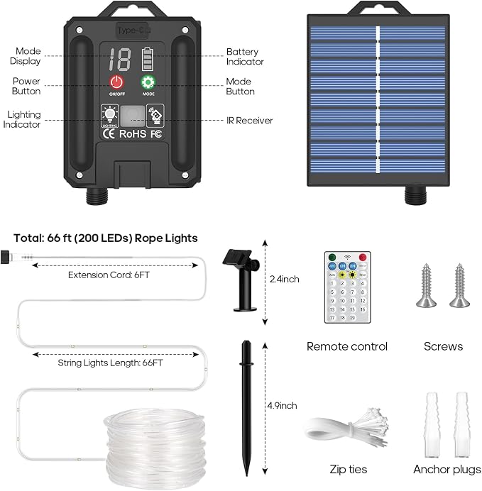 ICRGB Solar Lights Outdoor, 66FT 200LED 1800mah Solar Rope Lights with Remote, Type C, 19 Modes and Timer, IP67 Waterproof for Outdoor Christmas Pool Patio Porch Tree Wedding, Cool White to Multicolor | Type C & Solar, 19 Modes, IP67 Waterproof, With R...