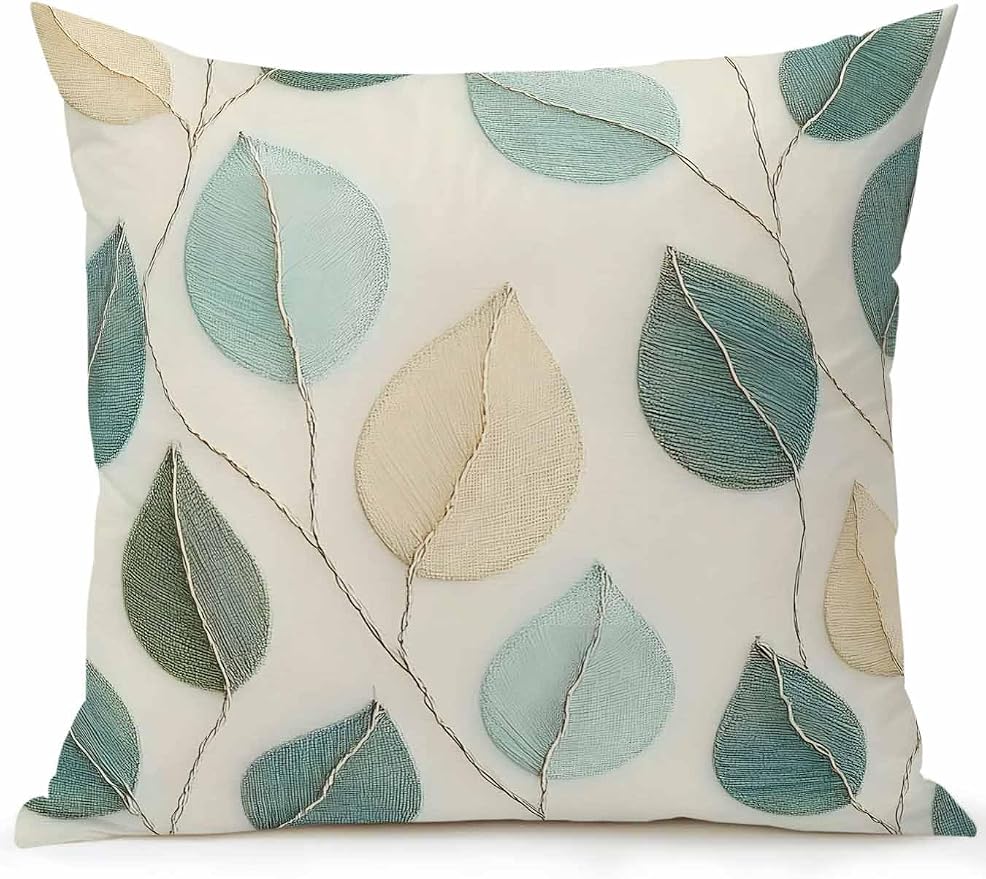Outdoor Waterproof Throw Pillows Farmhouse Teal Green Leaf Patio Pillows,Decorative Pillow Covers with Insert,Pillow Cushion Case for Garden Couch Sofa Vintage Watercolor Leaves