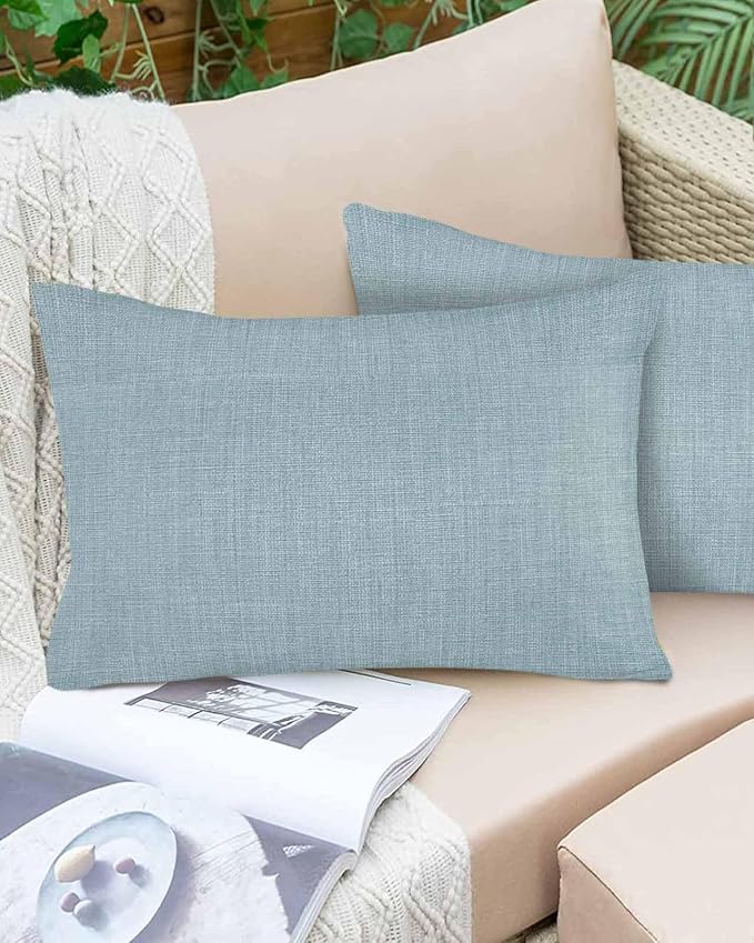 Vandarllin Outdoor Throw Pillows Covers 20x12 inch Set of 2 Waterproof Blue Linen Decorative Zippered Cushion Covers for Patio Furniture, Farmhouse Pure Color Lumbar Pillowcases