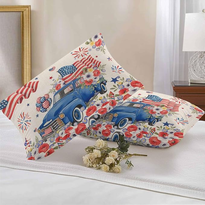 Independence Day Outdoor Throw Pillow Cover Farm Truck USA Flag Poppy Waterproof Cushion Covers 2 Pack Retro Patriotic Fireworks Pillow Cases Home Decoration for Patio Garden Couch Sofa 20x12In