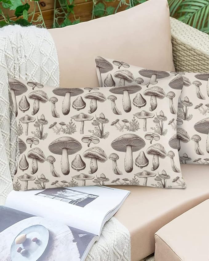 Outdoor Waterproof Throw Pillows Retro Mushroom Vintage Botanical Patio Pillows Pack of 2,Decorative Pillow Covers with Insert,Pillow Cushion Case for Garden Couch Sofa Aesthetic Plant Leaves