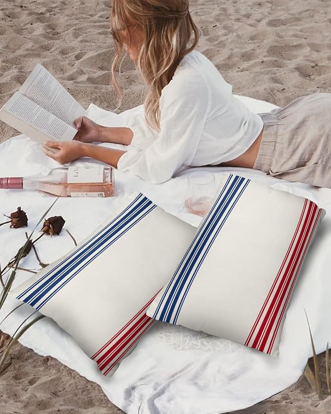 Outdoor Waterproof Pillow Covers Set of 2, Independence Day Flag Day Blue Red Stripe Vintage Patio Throw Pillow Covers, Decorative Cushion Case for Couch Sofa Furniture Garden, 20x12 Inch