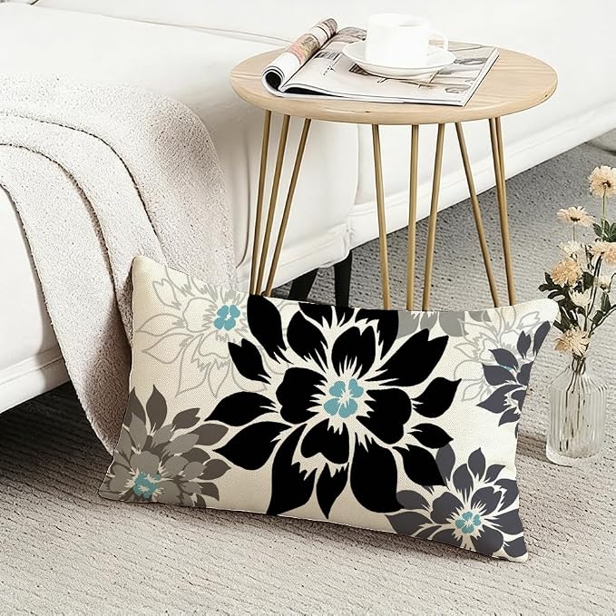 Waterproof Black and Gray Dahlia Floral Outdoor Pillow Covers 12x20 Inch, Decorative Spring Summer Cushion Cases for Living Room Sofa Patio Garden Porch