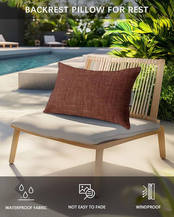 Outdoor Pillow for Chaise Lounge Chair Brown Rustic Vintage Burlap Texture Outdoor Pillows Waterproof with Adjustable Strap Headrest Lumbar Pillows for Garden Patio Furniture 2 Pack 12" x 20"