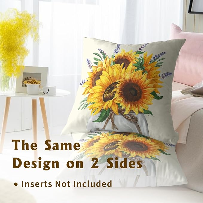 Sunflower Throw Pillows Covers 18 x 18 Inch - 2PCS Nature Summer Flower Vase Floral Decorative Square Pillowcases for Couch Sofa Bench Living Room Bedroom Decoration