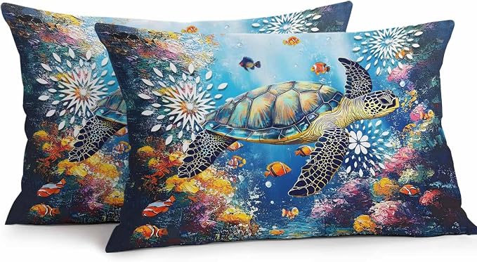 Turtle Waterproof Outdoor Pillow Covers Set of 2 Home Decor, Ocean Fish Coral Underwater World Cartoon Pillowcase Patio Pillow Covers for Couch Bench Furniture Garden 20x12in