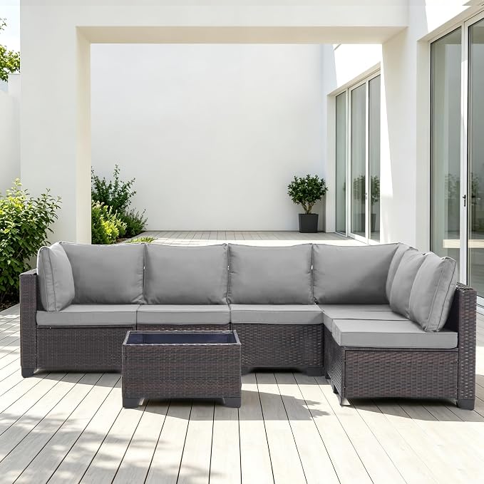 7-Piece Outdoor Patio Furniture Set, Light GreyPE Rattan Weaving Sofa with Light Grey Cushions and Steel Frame, Coffe Table Included, Outdoor Conversation Set