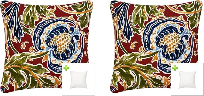Pack of 2 Outdoor Waterproof Decorative Throw Pillows with Inserts for Patio Furniture, 18x18 Inch Square Fade Resistant Patio Garden Cushions for Couch Bed Sofa, Jacobean Red