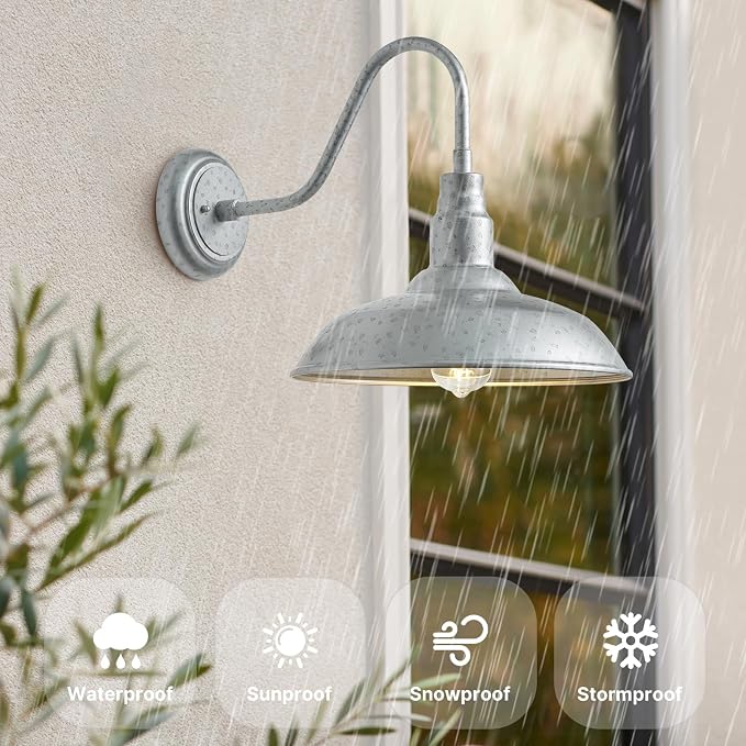 14 Inch Barn Farmhouse Outdoor Light Fixture, 2 Pack Exterior Gooseneck Lights with Galvanized Steel Finish, Outside Wall Sconce with Wall Mount for House, Porch, Patio