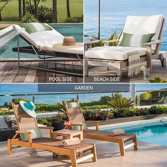 Outdoor Lumbar Pillow Set of 1, Sage Green Striped Waterproof Beach Headrest Pillow with Inserts, Green White Ombre Farmhouse Gradient Recliner Throw Pillows for Patio Furniture, 12 x 20