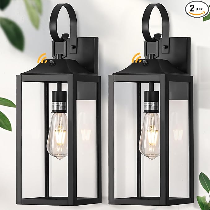19" Large Dusk to Dawn Outdoor Lighting 2 Pack, Black Sensor Porch Lights | Waterproof Exterior Lighting Fixtures, Modern Wall Lantern, Outdoor Wall Lights Wall Sconce Lamp for House, Doorway, Garage