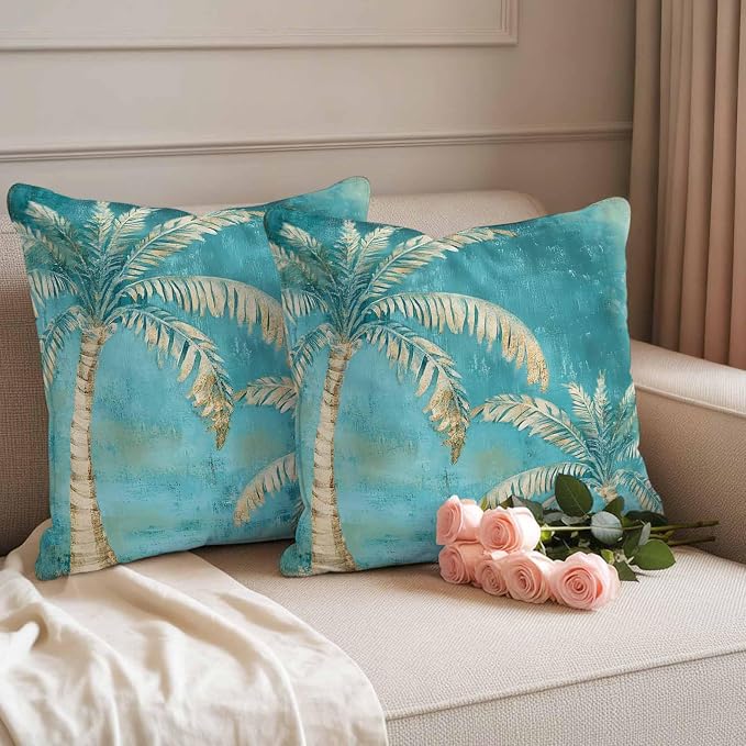 Coastal Beach Palm Tree Outdoor Waterproof Pillow Covers, Retro Teal Decorative Square Throw Pillowcase, Tropical Plant Summer Sofa Cushion Sham for Patio/Couch/Chair, 24"x24" 2 Pack