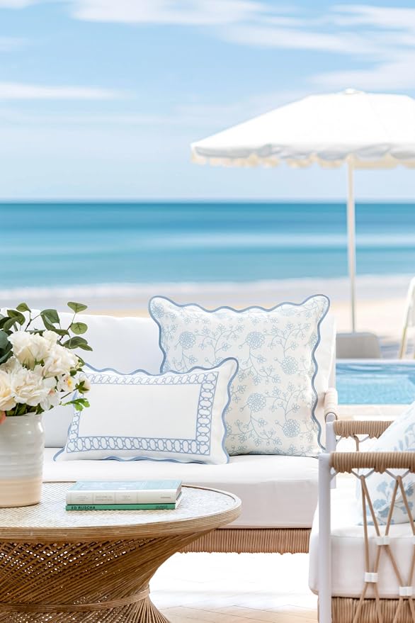 Hofdeco Premium Coastal Patio Indoor Outdoor Scalloped Throw Pillow Cover Only, 20"x20" Water Repellent for Backyard, Couch, Baby Blue Print Dahlia Floral
