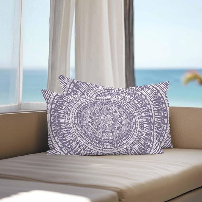 Vandarllin Outdoor Throw Pillows Covers 20x12 inch Set of 2 Waterproof Purple Boho Decorative Zippered Cushion Covers for Patio Furniture, Bohemian Floral Geometric Lumbar Pillowcases