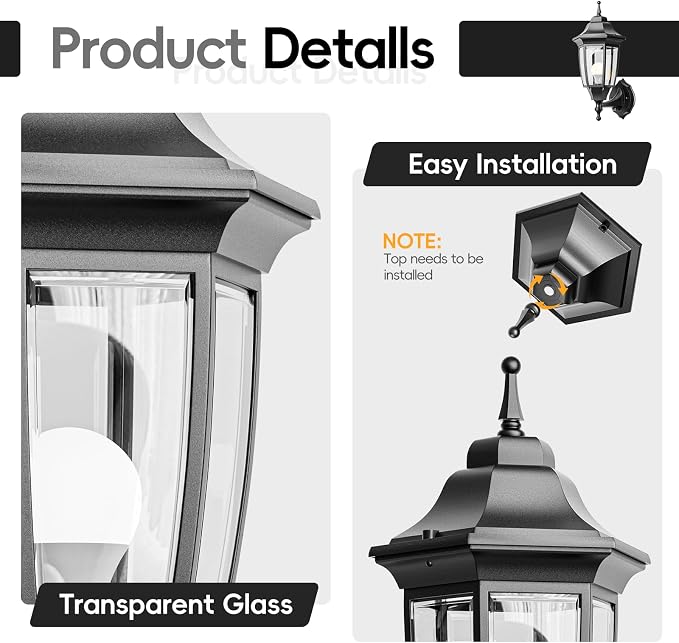 EMART Dusk to Dawn Outdoor Porch Light with Bulb, Wall Lamp(1 Pack, Black) | Exterior Anti-Corrosion, Waterproof Aluminum & Glass Shades, Modern Sconce Lantern Fixtures for Outside, House, Garage