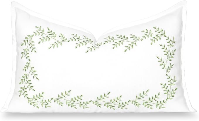 Hofdeco Premium Grandmillennial Patio Indoor Outdoor Lumbar Pillow Cover Only, 12"x20" Water Repellent for Backyard, Couch, Poolside, Grass Green Embroidered Leaves Frame