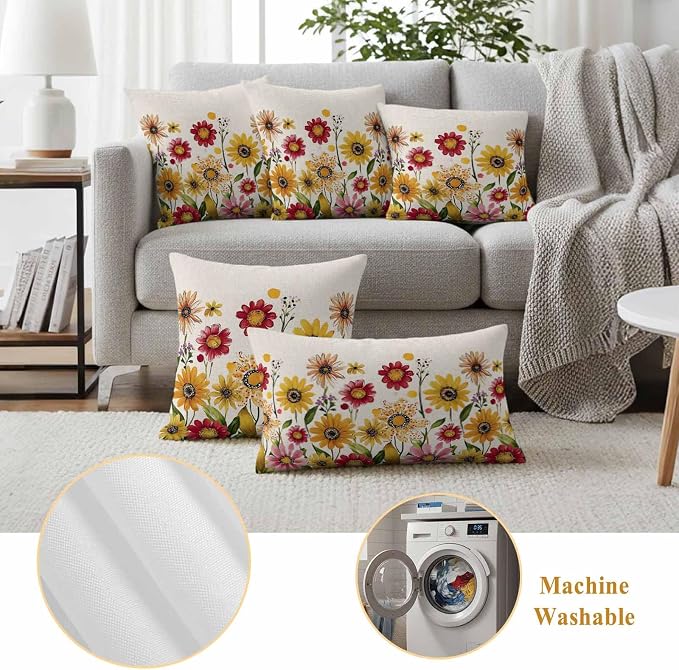Yellow Red Spring Floral Outdoor Waterproof Throw Pillow Covers 18x18 Set of 2, Pastoral Summer Flower Rustic Decorative Pillowcases Cushion Pillowcase for Couch Sofa Patio Outside Pillow Protector