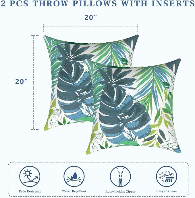 LVTXIII Outdoor Pillows 20x20 Inch, 2 Pack Large Decorative Square Throw Pillows with Inserts for Couch, Bed, Floor Seating, Patio Furniture, Islamorada Blue Green