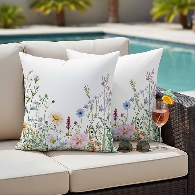Farms Wildflowers Outdoor Waterproof Throw Pillow Covers Set of 2, 18"x18", Herbs Countryside Watercolor Floral Leaf Decorative Pillow Covers Outside Cushion Case for Patio Porch Garden