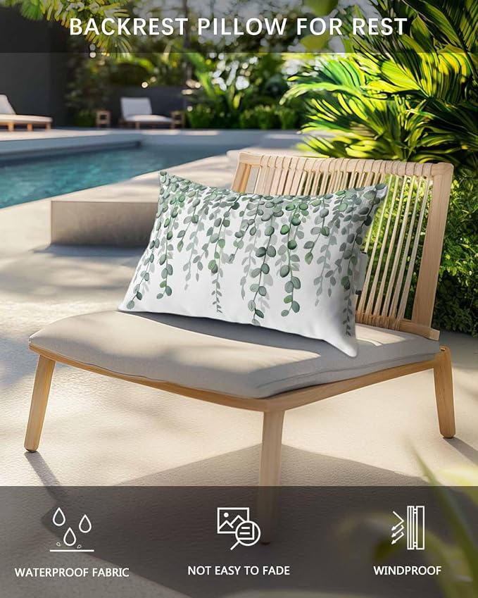 Outdoor Pillows Waterproof Covers Set of 2, Green Eucalyptus Leaves Adjustable Elastic Chaise Lounge Headrest Pillow Covers, Watercolor Branches Lumbar Pillow for Pool Beach Patio Furniture 11x16 Inch