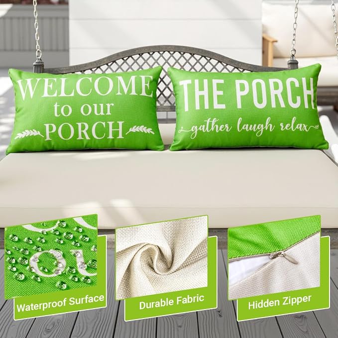 Porch Decor Green Outdoor Lumbar Pillow Covers Waterproof 12x20 for Patio | Set of 2, Patio Decor, Porch Pillows, Outdoor Pillows Waterproof, Outdoor Pillows for Patio Furniture, Weather Resistant
