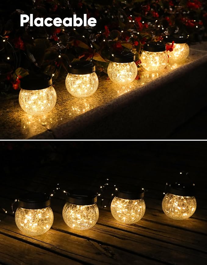 Solar Lanterns Solar Lights Outdoor Waterproof 18-Pack, Solar Powered Hanging Lights Cracked Glass Hanging Globes for Christmas Decoration, Shepherd Hook, Garden Tree Ornaments