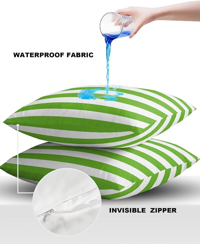 Outdoor Waterproof Pillow Covers for Patio Furniture Green and White Stripes Decorative Throw Pillow Cover Solid Striped Pillowcases Set of 2 Cushion Case for Sofa Couch Chair 24 x 24 in
