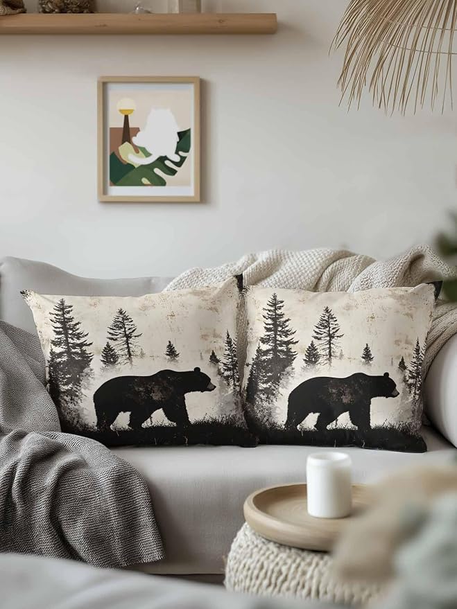 Outdoor Waterproof Throw Pillows Forest Brown Bear Silhouette Patio Pillows Pack of 2,Decorative Pillow Covers with Insert,Pillow Cushion Case for Garden Couch Sofa Minimalist Modern Art
