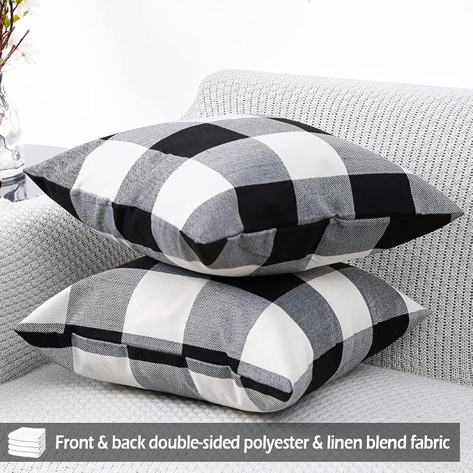 CARRIE HOME Black and White Buffalo Plaid Pillow Covers 20x20 Set of 2 Outdoor Linen Throw Pillow Covers Farmhouse Checkered Pillow Covers 20 x 20, Black Boho Decor for Couch Sofa